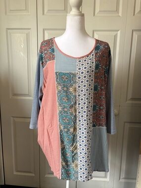 Coldwater Creek Coral & Teal Patchwork Scoop Tunic